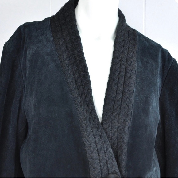 Coldwater Creek Black suede leather coat jacket size L Cable Knit  Accents - Picture 6 of 7